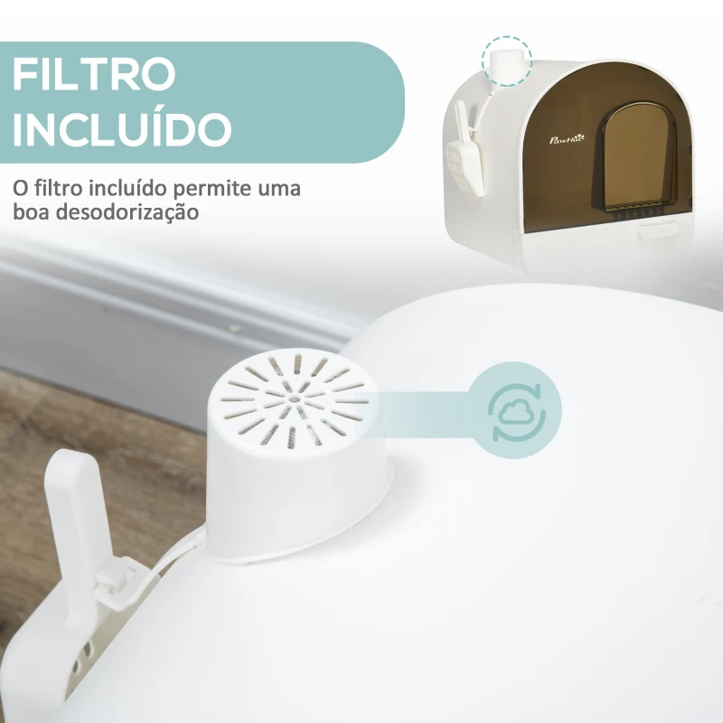 PawHut Caixa de Areia para Gatos com Porta Dianteira Bandeja Removível Pá Tapete e Filtro 43x44x47cm Branco