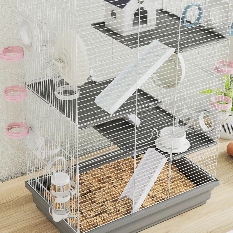 PawHut Gabbia per Criceti a 4 Livelli e 16 Tubi con Casetta, Rampa, e Accessori, in Metallo e Plastica, 47x30x70 cm, Grigio