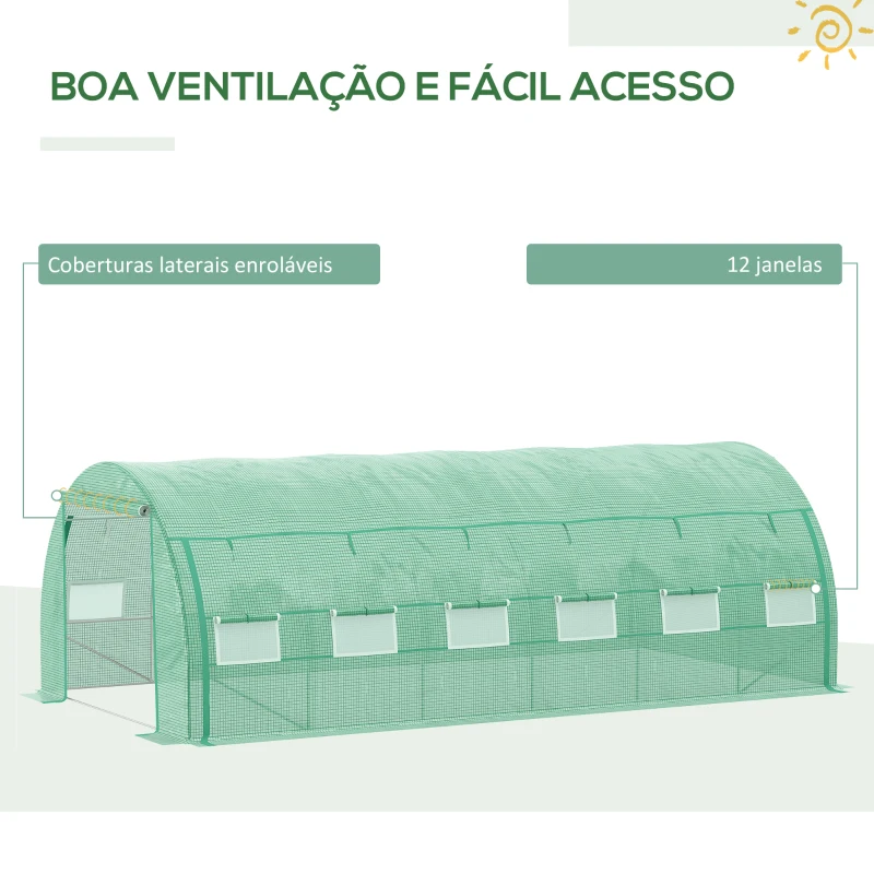 Outsunny Estufa de Túnel de Jardim 597x300x200 cm com Porta Lateriais e Janelas Enroláveis Cobertura de PE 140g/m² e Metal Galvanizado Verde