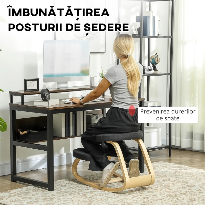 HOMCOM Scaun Genunchi cu Mișcare de Balans, în Țesătură Efect de In și Lemn de Mesteacăn, 50x73x55 cm, Negru