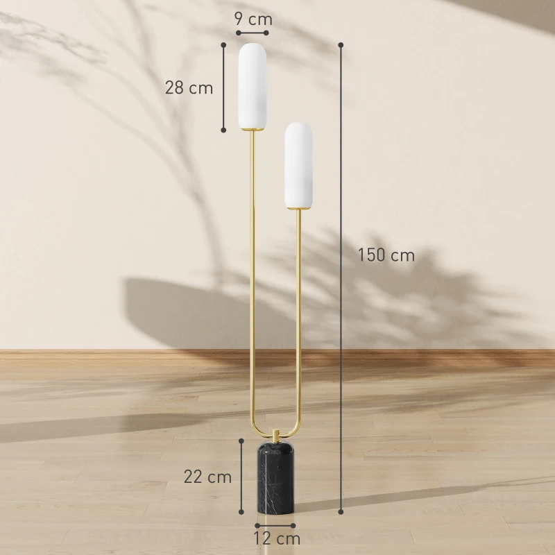 HOMCOM Lampadar în formă de U cu 2 Lumini și Întrerupător de Picior, Lampă de Podea din Sticlă și Oțel cu Bază de Marmură, 26x12x150 cm, Alb Negru și Auriu