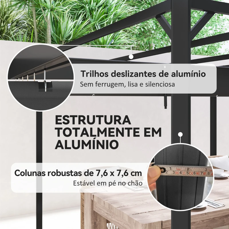 Outsunny Pérgola de Jardim de Alumínio 3x3 m com Teto Retrátil e Lateral Enrolável UPF30+ Pérgola para Exterior Cinzento