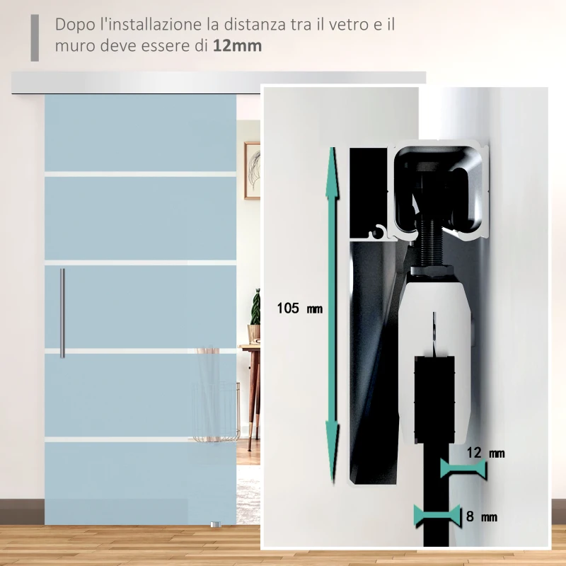 HOMCOM Porta Scorrevole Interna in Vetro Smerigliato e Satinato con Binario B2 e Maniglia per Bagno Cucina Studio Vetro 205x 102.5x 0,8cm