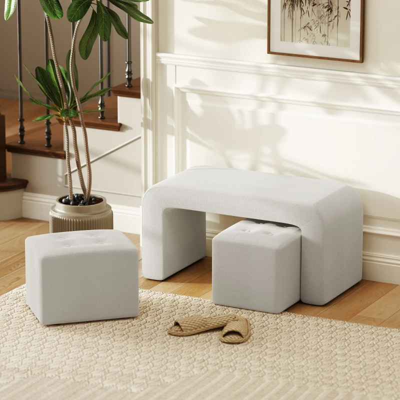 HOMCOM Fußhocker-Set Fußhocker 3-teilig, Knopfheftung, 89 cm x 42,5 cm x 45 cm, Creme