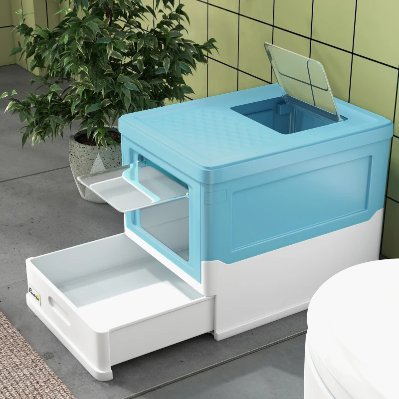 PawHut Litteră pentru Pisici Închisă cu Lopățică, Tavă Retractabilă și 2 Uși, 47.5x35.5x36.7cm, Albastră
