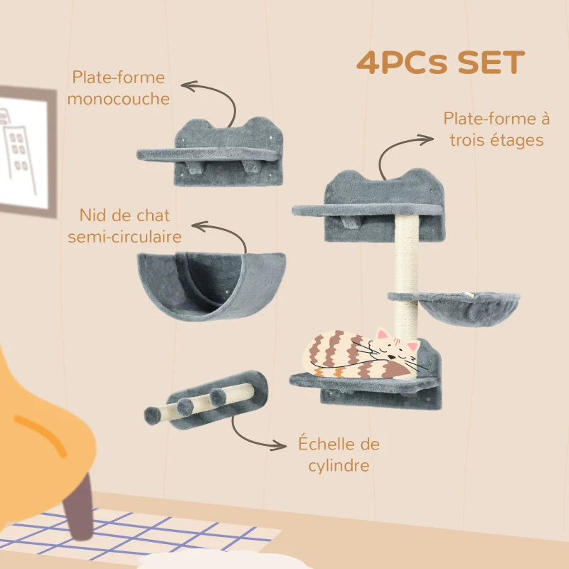 PawHut Arbre à chat parcours mural complet 4 pièces griffoir hamac plateforme sisal peluche gris