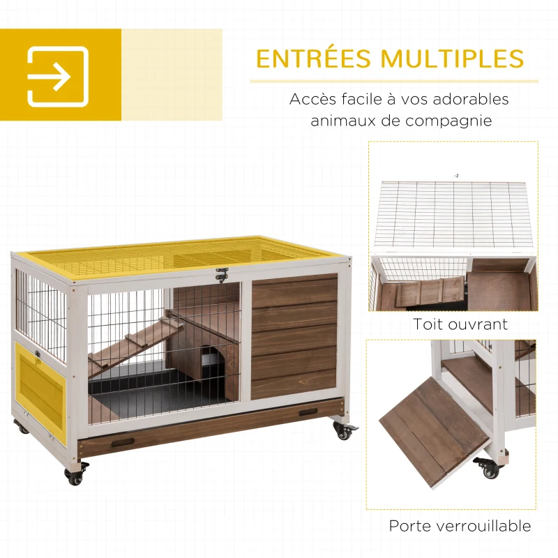 PawHut Clapier à lapin sur roulettes 2 étages porte verrouillable toit ouvrant plateau coulissant rampe marron blanc