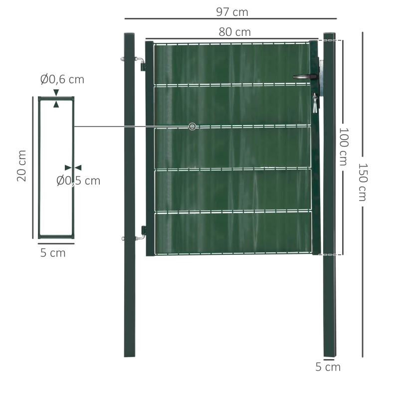 HOMCOM Porta de Vedação de Jardim Aço com Tecido Opaco Maçaneta de Fechadura 3 3 Chaves Porta de Vedação para Exterior Pátio Terraço 97x150cm Verde