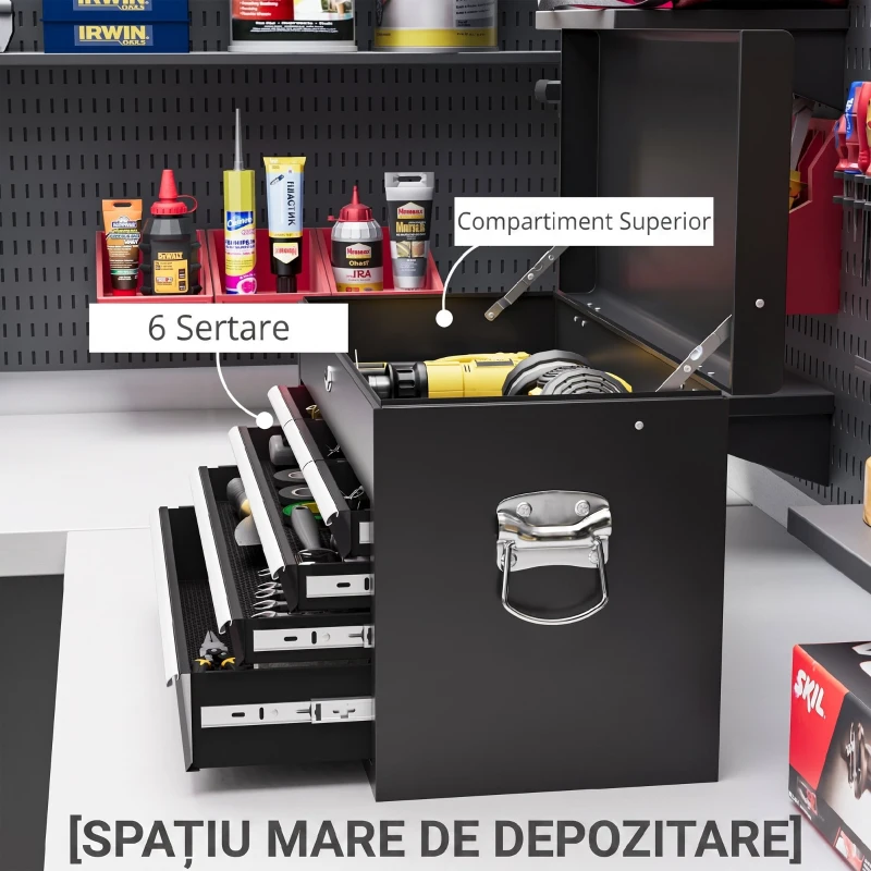 HOMCOM Cutie pentru Scule cu 6 Sertare din Oțel cu Încuietoare, 60x26x34cm, Negru