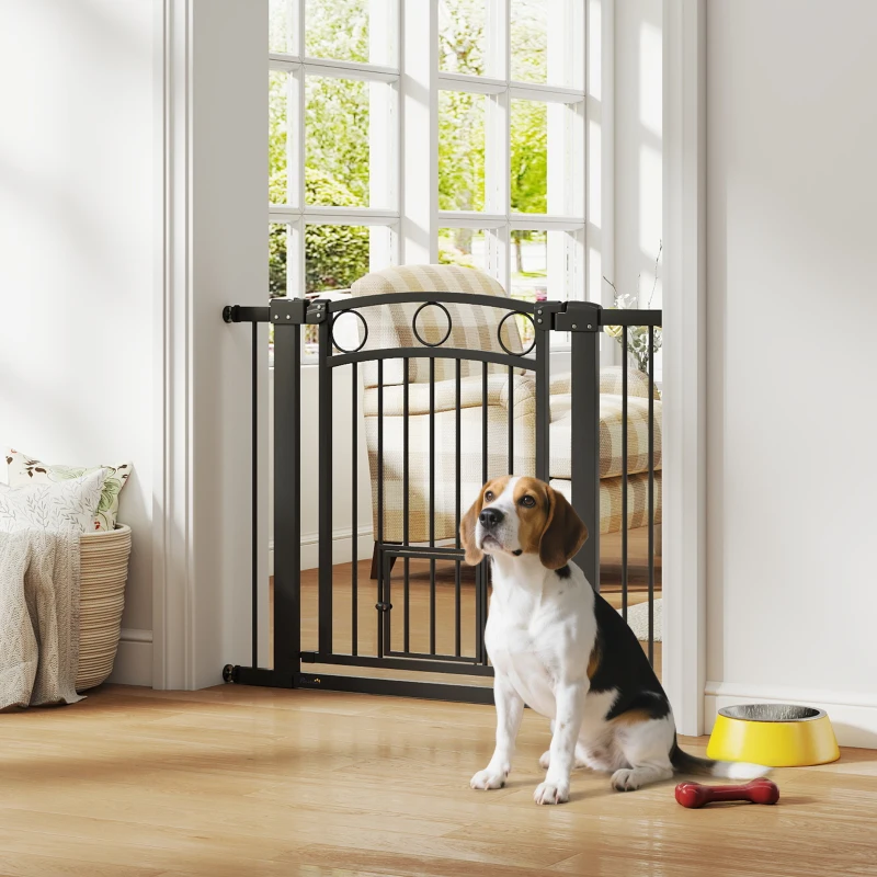 PawHut Haustiertor, 77 cm Treppengatter, verstellbare Breite 76-104 cm, mit Katzentür, für Treppen und Türöffnungen, Schwarz