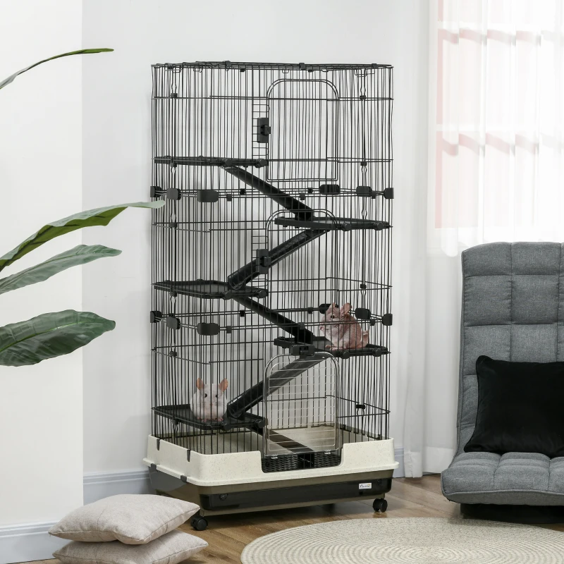 PawHut Cage pour lapin enclos à 5 niveaux avec 3 portes 5 rampes plateau amovible roulettes 81 x 52,5 x 159 cm noir et gris