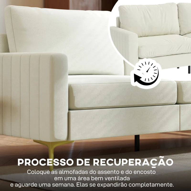 HOMCOM Sofá de 3 Lugares de 181 cm Estofado em Veludo com Almofadas Espessas Pernas de Metal Branco Creme