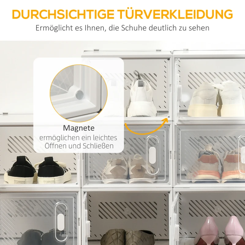 HOMCOM 18-teiliges Schuhregal, stapelbare Schuhboxen für Schuhe bis Größe 45, magnetische Türen, Kunststoff, 28 x 36 x 21 cm(m-6)