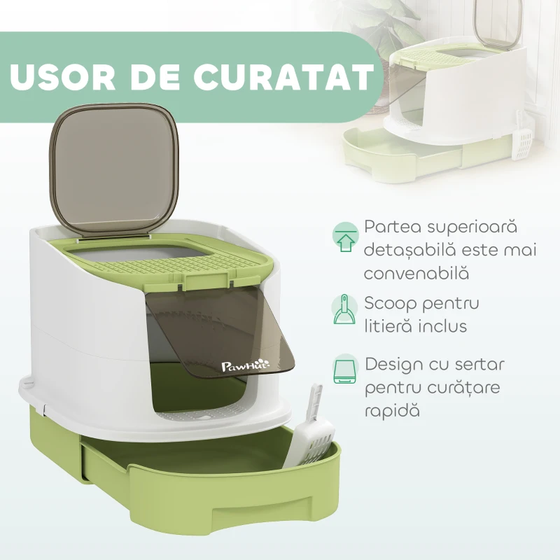 PawHut Litieră închisă pentru Pisici cu 2 Uși, Tavă Extractibilă, Lopățică și Deodorant, din PP, 40.5x52.5x42.5 cm, Verde