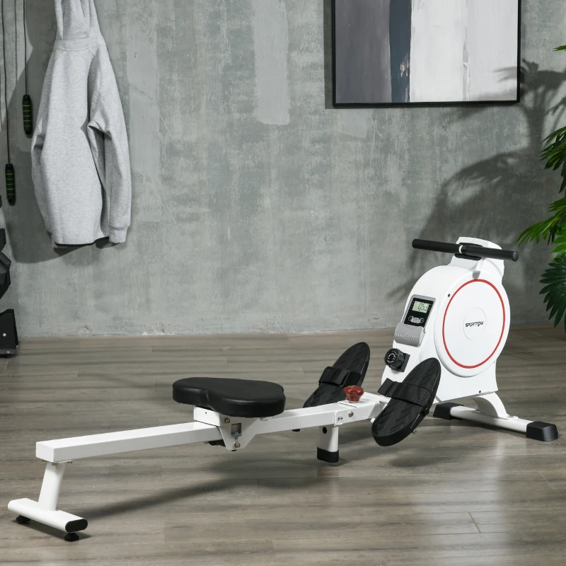 SPORTNOW Máquina de Remo Dobrável com Resistência de 8 Níveis Ecrã LCD e 2 Rodas de Transporte 180x48x60 cm Branco