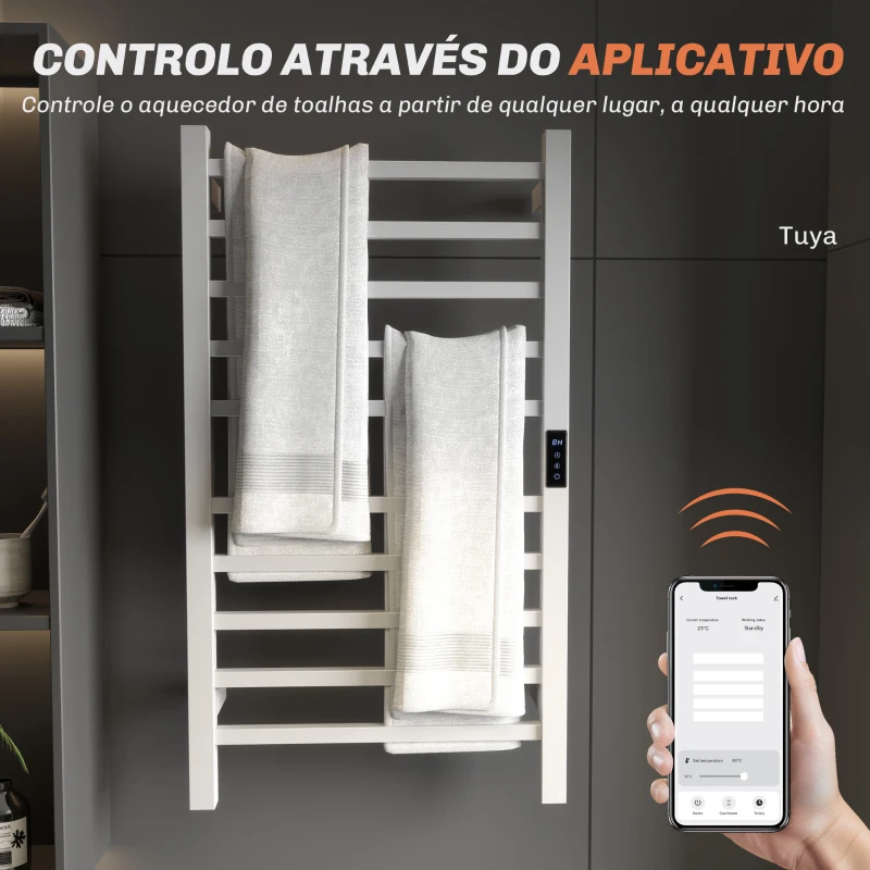 HOMCOM Toallero Elétrico de Parede 110W com Controlo WIFI Ecrã Tátil Temporizador 10 Barras Temperatura Ajustável Baixo Consumo IPX4 45x11x80 cm Branco
