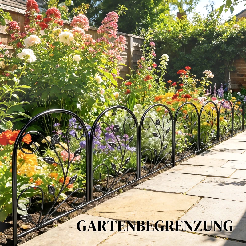 Outsunny Gartenzaun Zaun aus Metall 80 x 60 cm Dekorativer Gitterzaun Set mit Fuß für Garten Blumenbeete Tierbarriere Schwarz