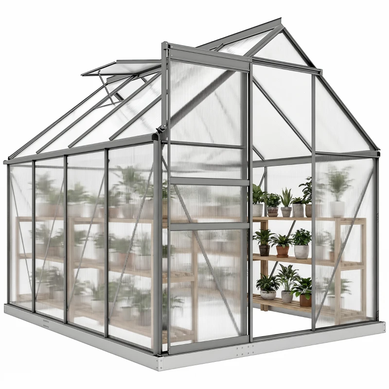 Outsunny Serre de jardin en polycarbonate 4,8 m²avec fondation, lucarne réglable, porte coulissante 1,9x2,53x1,99m transparent