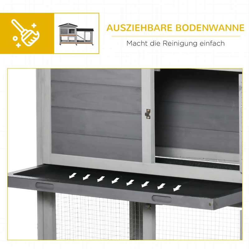 PawHut Hasenstall 2 Etagen Kaninchenstall aus Holz 157,4 x 53 x 99,5 cm Kaninchenkäfig mit wetterfest Bitumendach, Freilaufgehege, Rampe, Tür, Stahlgitter, Hasenkäfig für Kaninchen, Outdoor Grau
