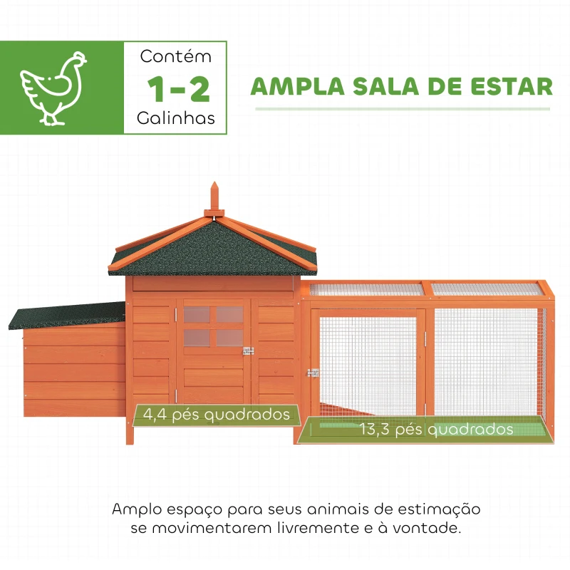 PawHut Galinheiro de Madeira para Exterior Gaiola para Galinhas com Ninhos Cercado Bandeja Removível Teto Abatível 196x76x97 cm Madeira