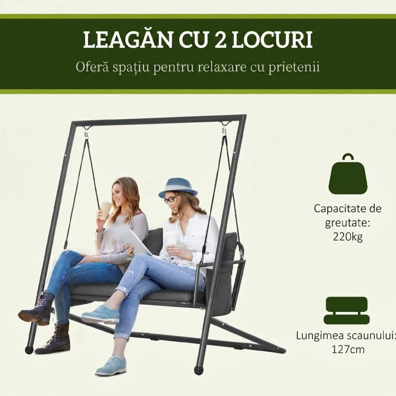 Outsunny Leagăn de grădină pentru 2 persoane cu perne și buzunare, din oțel și textilenă, 168x117x181 cm, gri închis