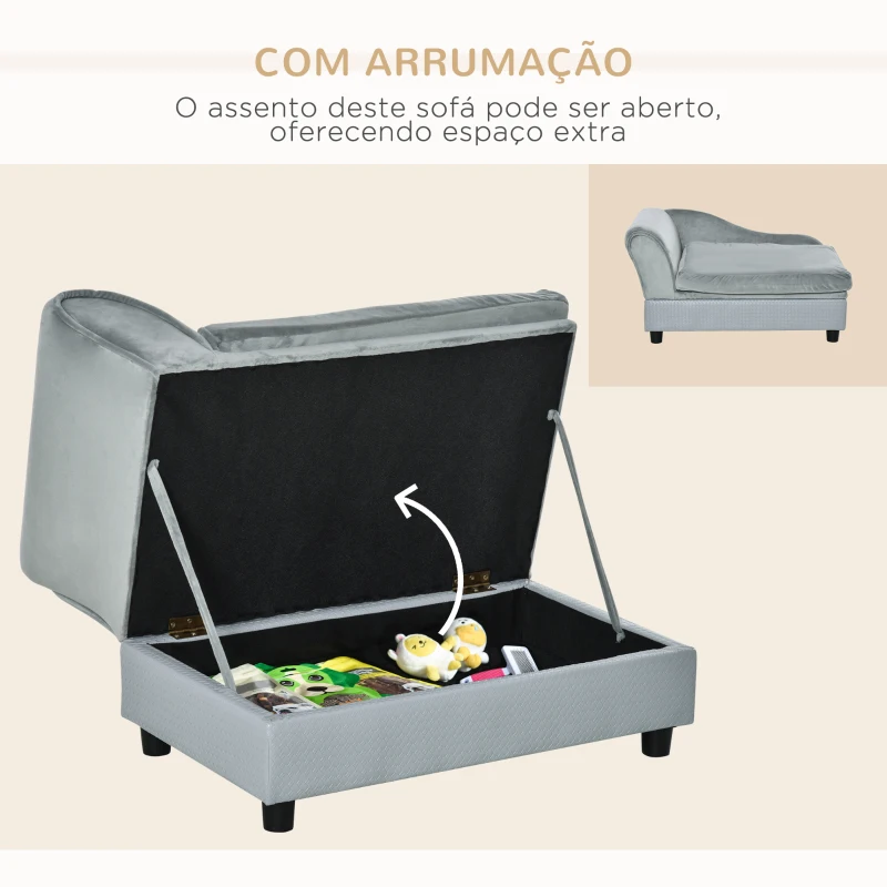 PawHut Sofá para Cães Pequenos Sofá para Gatos Estofado em Veludo com Arrumação Oculta e Almofada Lavável 76x45x43 cm Cinzento Claro