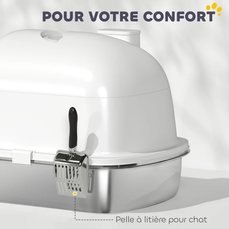 PawHut Maison de toilette pour chat bac à litière fermé bac acier inoxydable, nettoyage facile, 52,4 x 41,3 x 39,9 cm, blanc