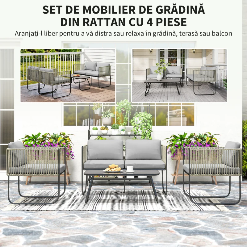 Outsunny Set de Grădină din Ratan cu Canapea de 2 Locuri, 2 Fotolii și Măsuță cu Sticlă, Perne Detasabile, Gri