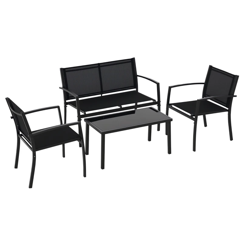 Outsunny Salon de jardin extérieur 4 pièces avec canapé 2 places, 2 chaises et table basse en verre trempé, coussins inclus, noir