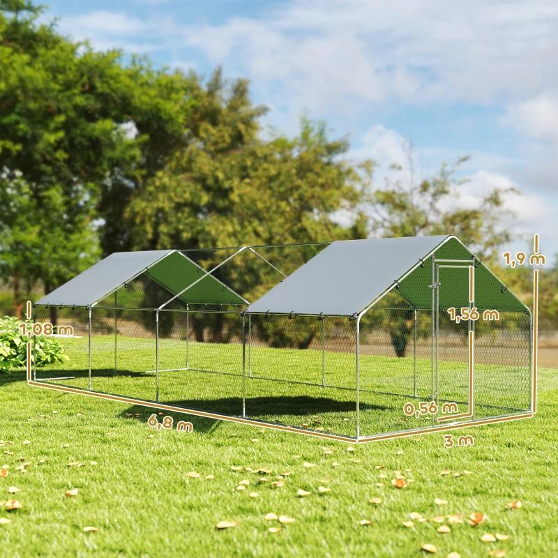 PawHut Galinheiro para Exterior Grande em Aço Galvanizado 6,8x3x1,9 m 20,4 m² com Cobertura em Tecido Oxford e Fecho Prata