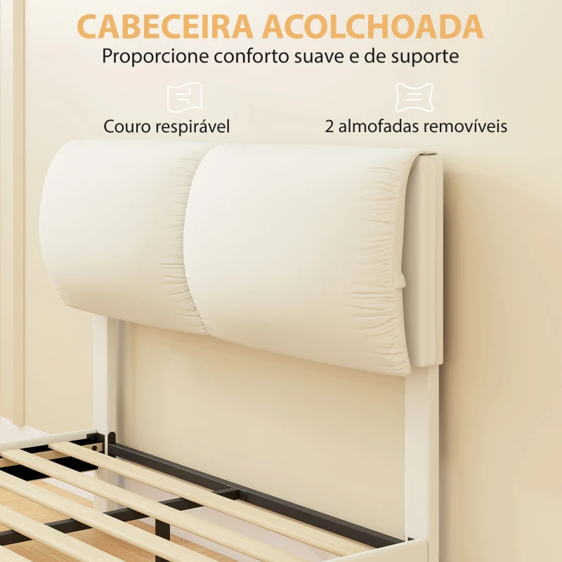 HOMCOM Cama de Casal 135x190 cm Estrado com Cabeceira Acolchoada Efeito Flutuante Estrutura Metálica Bege