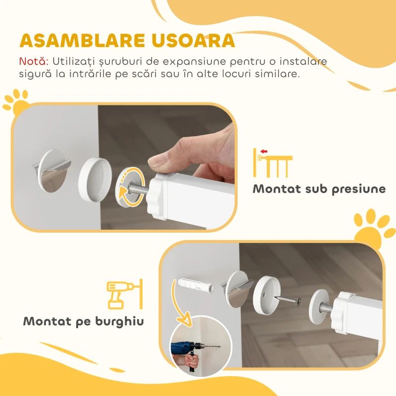 PawHut Poartă Reglabilă pentru Câini 76-104 cm, Înălțime 106 cm, cu 2 Extensii, Albă