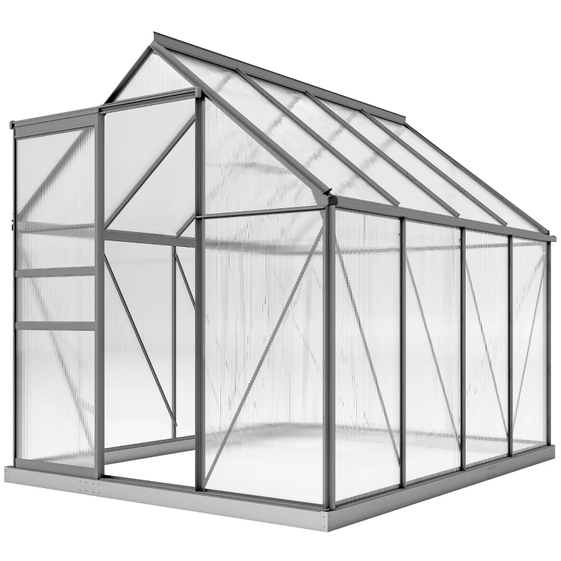 Outsunny Serre de jardin en polycarbonate 4,8 m²avec fondation, lucarne réglable, porte coulissante 1,9x2,53x1,99m transparent
