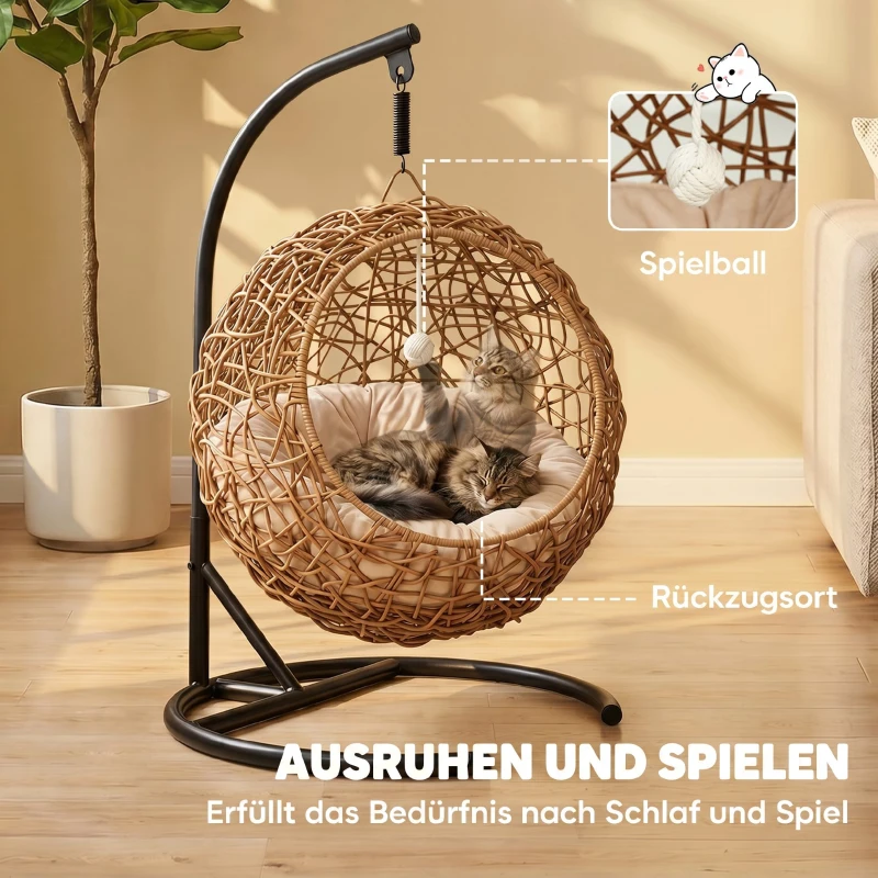 PawHut Katzenbett Rattan Katzenhöhle mit Waschbarem Kissen und Spielball, für Katzen bis 10 kg, 45 x 41 x 75 cm, Hellbraun