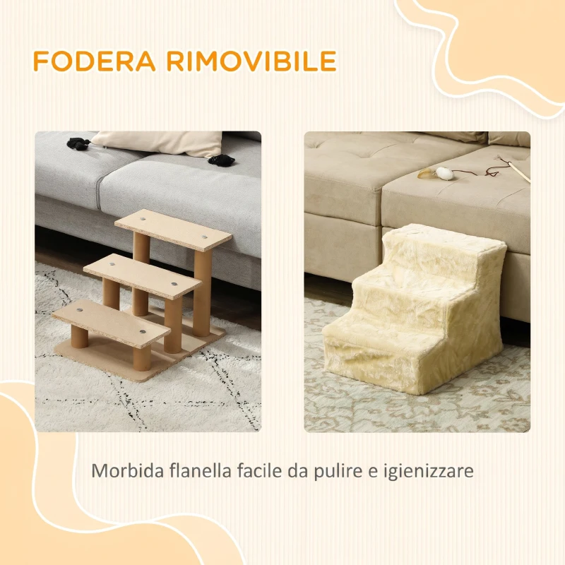 PawHut Scala per Cani a 3 Gradini, Scaletta per Cani e Gatti di 4.5 kg in Velluto Sfoderabile e Lavabile, Beige
