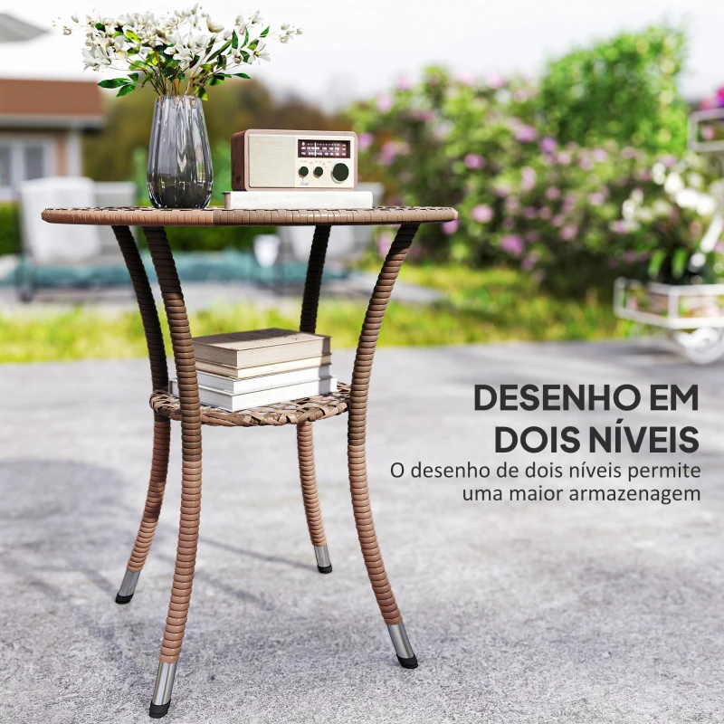 Outsunny Mesa de Vime Redonda Ø64x71 cm Mesa de Jardim com Estante e Tampo de Vidro Suporta 50 kg para Terraço Pátio Castanho