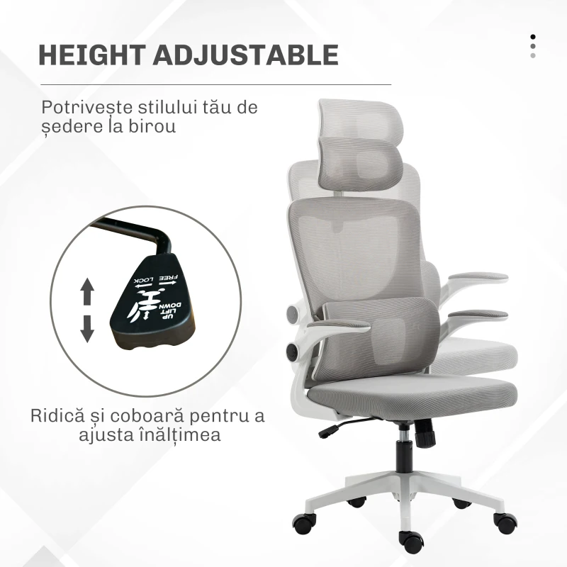 Vinsetto Scaun de Birou Ergonomic cu Înălțime Reglabilă și Tetieră, 60x59x114-122 cm, Gri