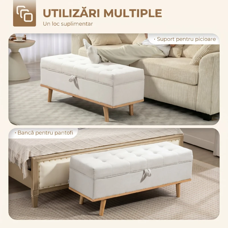HOMCOM Bancă de Depozitare de 80L Tapițată cu Material Textil și Picioare din Lemn, 118x42x45 cm, Crem