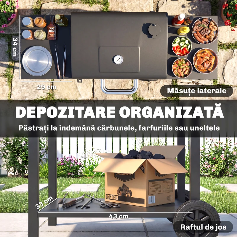 Outsunny Grătar cu Cărbuni, cu 2 Rafturi Laterale, Termometru, Capac și Roți, 110x46.5x101 cm, Negru