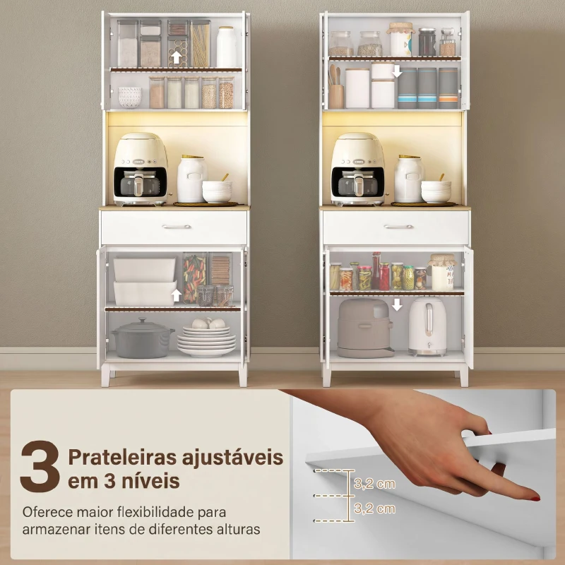 HOMCOM Aparador de Cozinha com Luzes LED Estação de Carregamento 4 Portas Gaveta Bancada Aberta 71x40x180 cm Branco