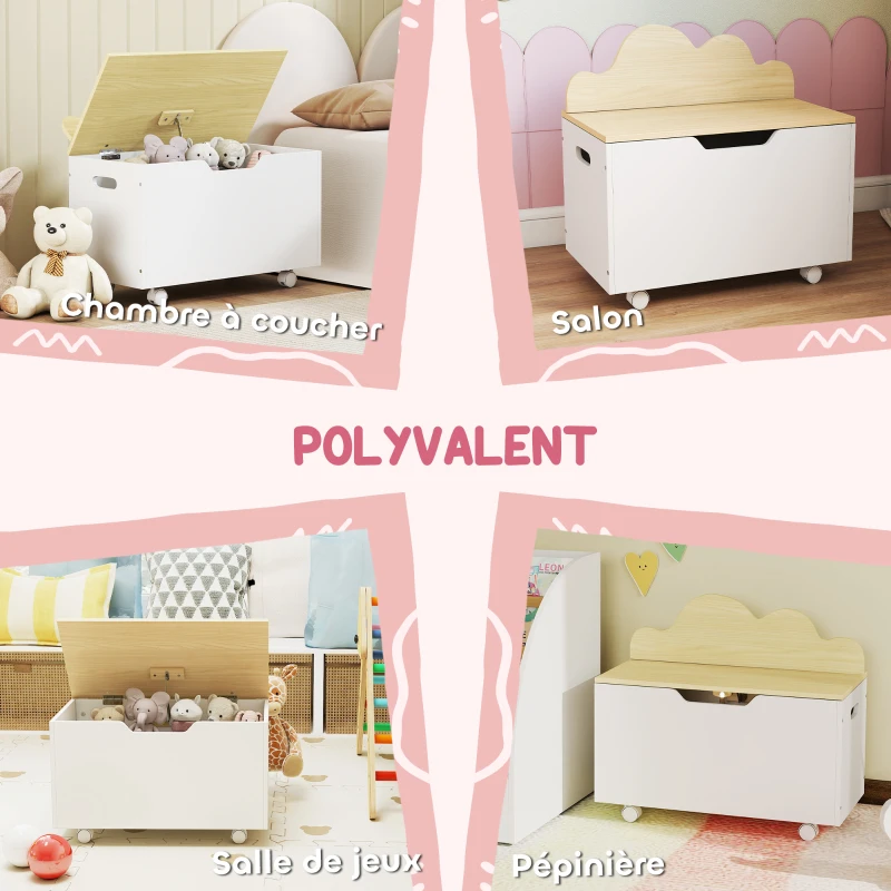 AIYAPLAY Coffre à jouet enfant sur roulettes, coffre de rangement enfant avec couvercle rabattable, 59 x 30 x 53 cm, blanc