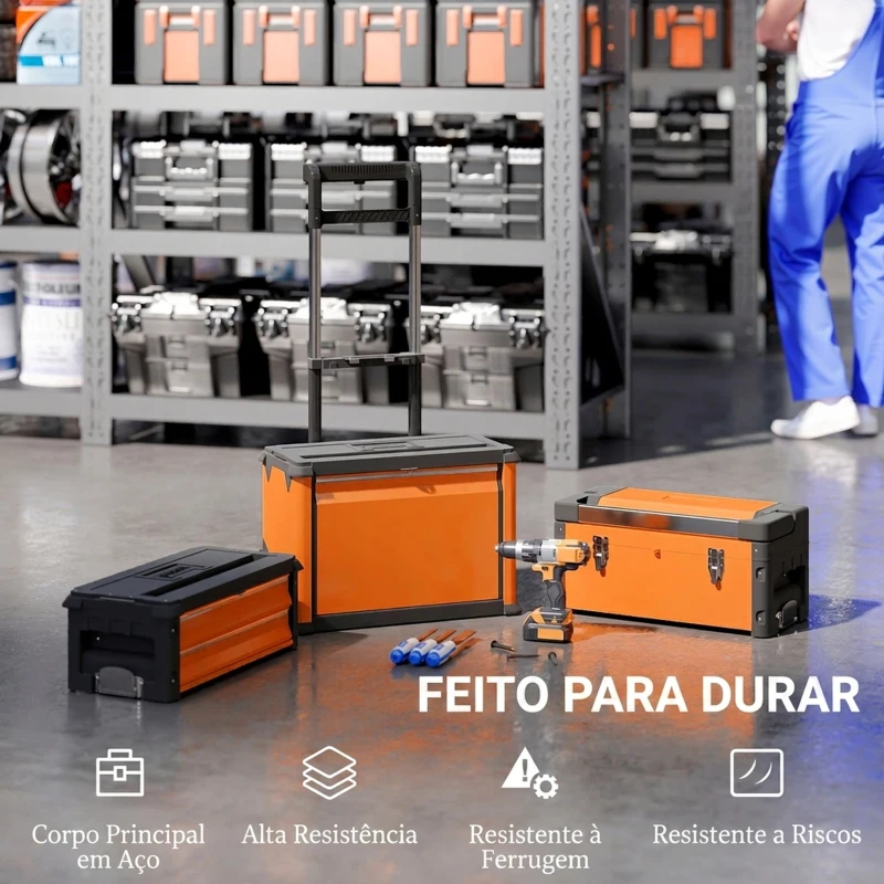 HOMCOM Caixa de Ferramentas com Rodas Empilhável em Aço com Bandeja e Pega Telescópica Laranja e Preto