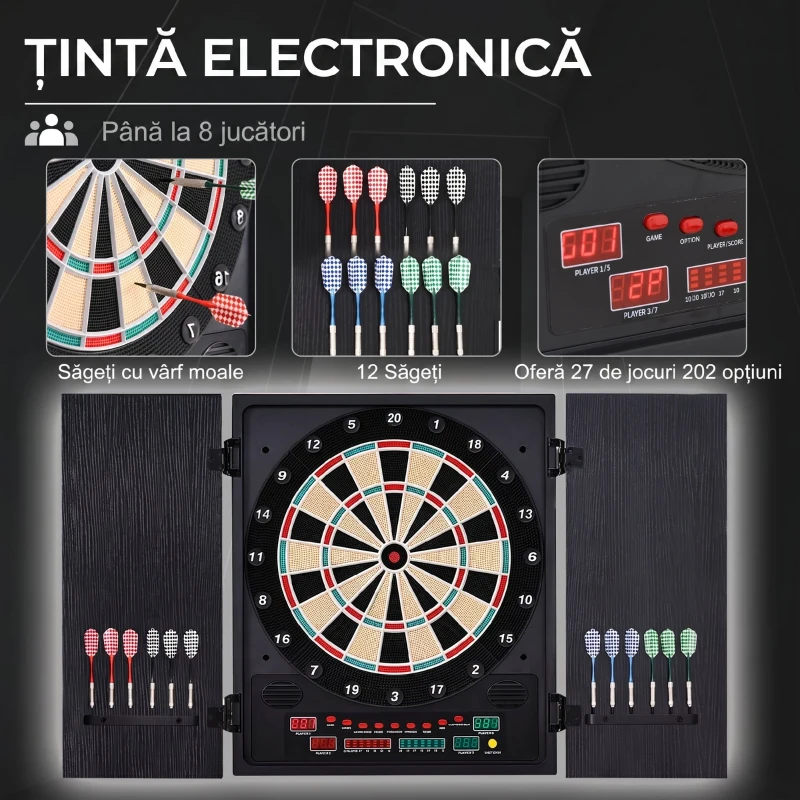 HOMCOM Țintă Săgeți Electronică cu Scor Automat, 12 Săgeți și 6 Display-uri, 51x6.5x57cm, Neagră