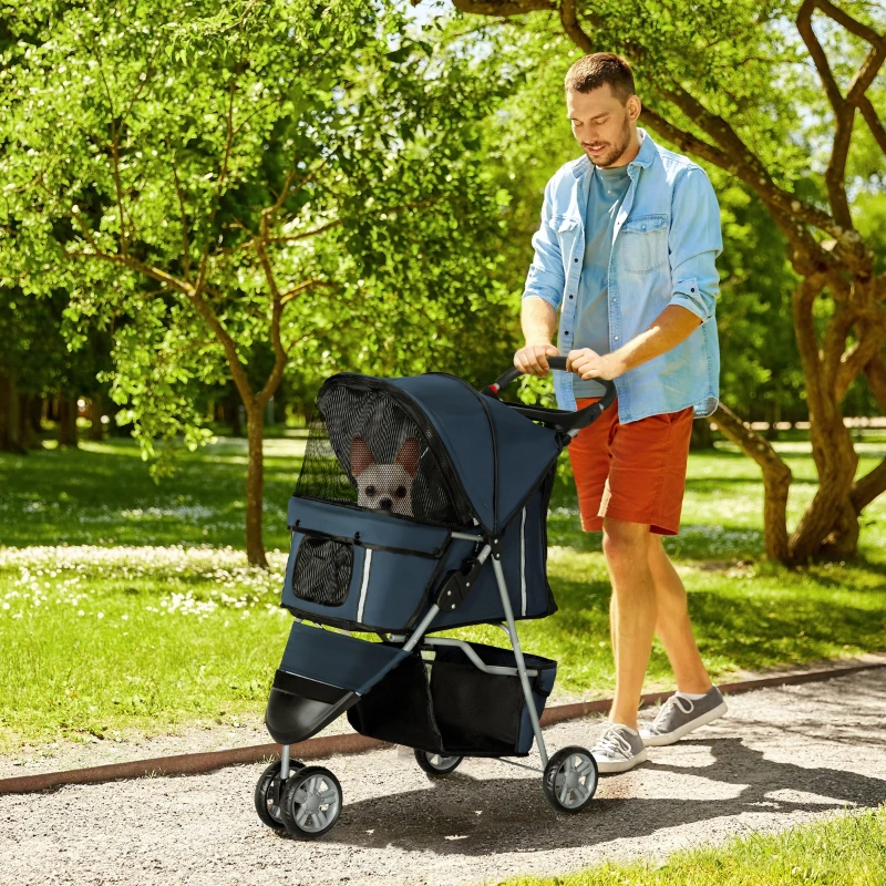 PawHut Carrito para Perros Pequeños con Cesta de Almacenaje Ventanas de Malla y 2 Ruedas Universales 75x45x97 cm Azul Oscuro