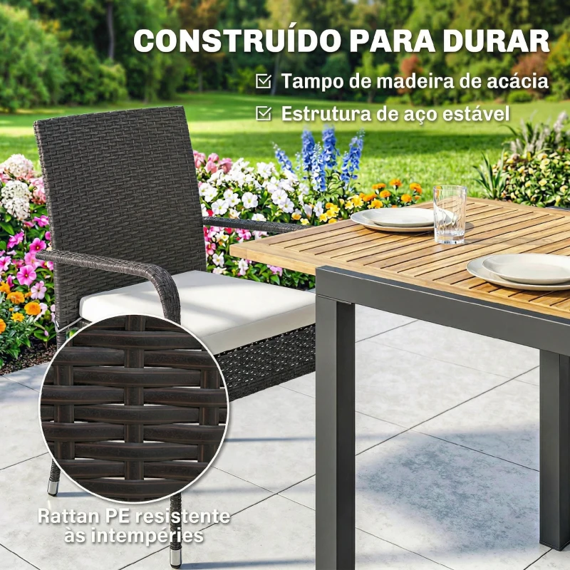 Outsunny Conjunto de Mesa e Cadeiras de Jardim em Vime 7 Peças com Mesa Extensível em Madeira e 6 Cadeiras Empilháveis Creme