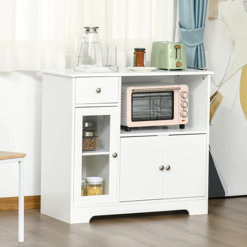 HOMCOM Mikrowellenschrank, Küchenschrank mit 2 Schränken und Schublade, Sideboard Aufbewahrungsschrank Kommode Multifunktionsschrank für Esszimmer, Kippschutz, Weiß, 90 x 40 x 82 cm
