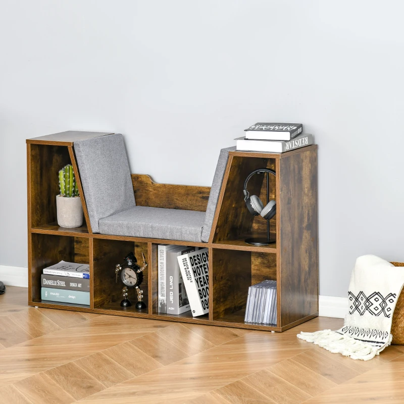 HOMCOM Bibliothèque banc 2 en 1 avec coussins de siège, étagère cube 6 compartiments ouverts, 102 x 30 x 61 cm, brun rustique
