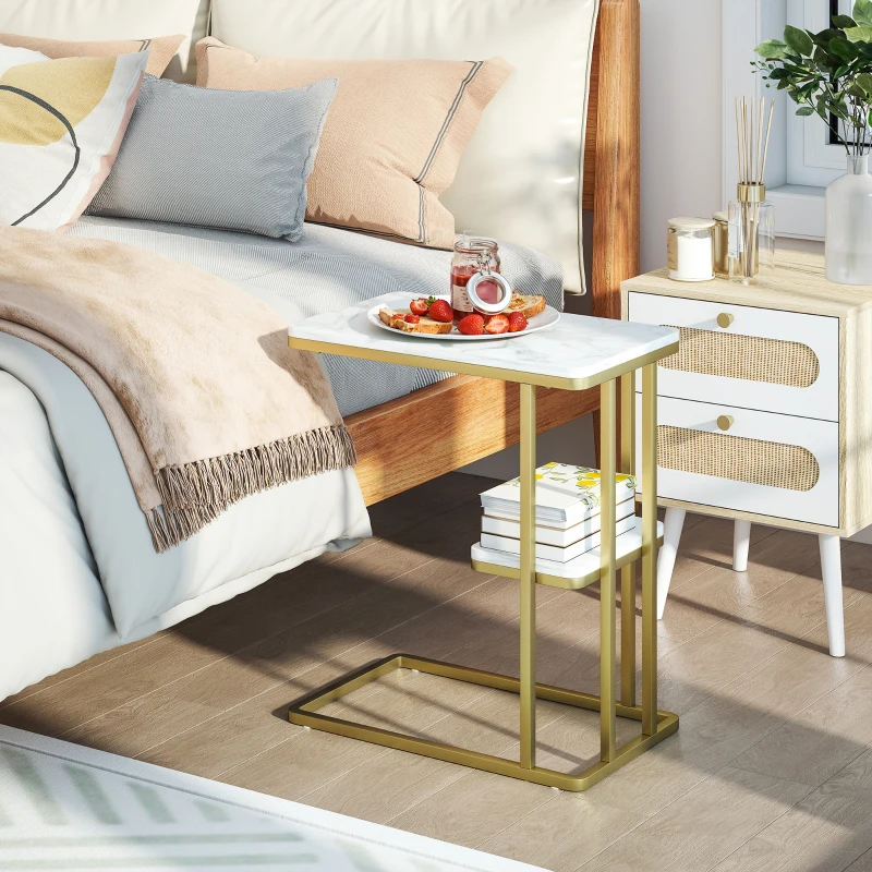 HOMCOM Mesa Auxiliar Estrutura em C Mesa Auxiliar Estreita de 2 Níveis com Prateleira 50x30x57,5 cm Branco Efeito Mármore