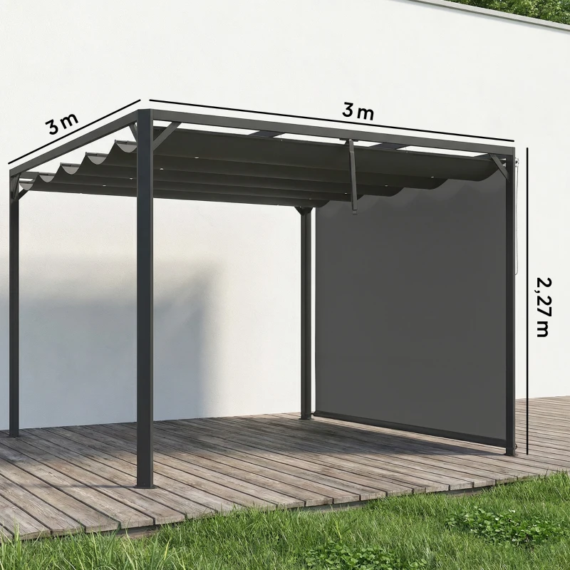 Outsunny Pérgola de Jardim de Alumínio 3x3 m com Teto Retrátil e Lateral Enrolável UPF30+ Pérgola para Exterior Cinzento