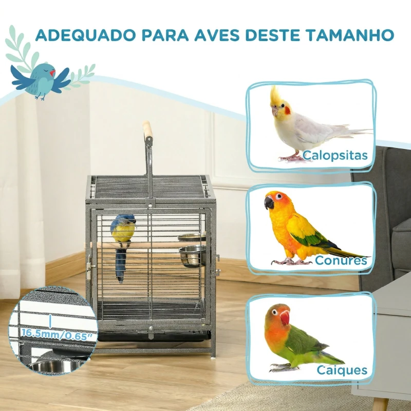 PawHut Gaiola para Pássaros Portátil com 2 Poleiros de Madeira Comedouros de Aço Inoxidável e Bandeja Amovível 48x38x47,8 cm Preto